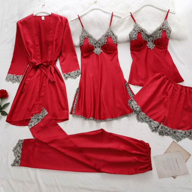 5PC Silk Robe Sleep Suit Lace Satin Pajamas Gown Set