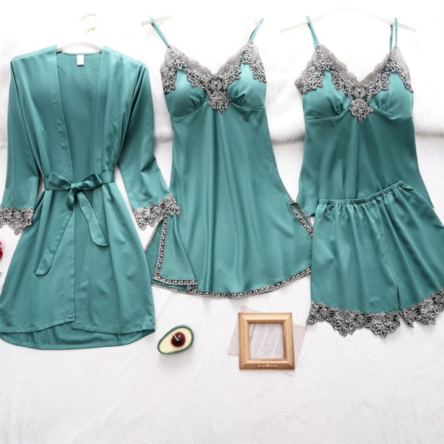 5PC Silk Robe Sleep Suit Lace Satin Pajamas Gown Set