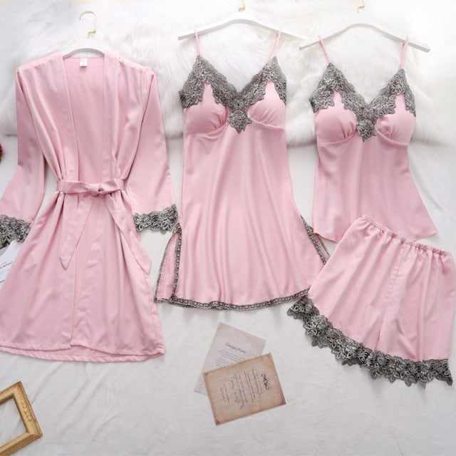 5PC Silk Robe Sleep Suit Lace Satin Pajamas Gown Set