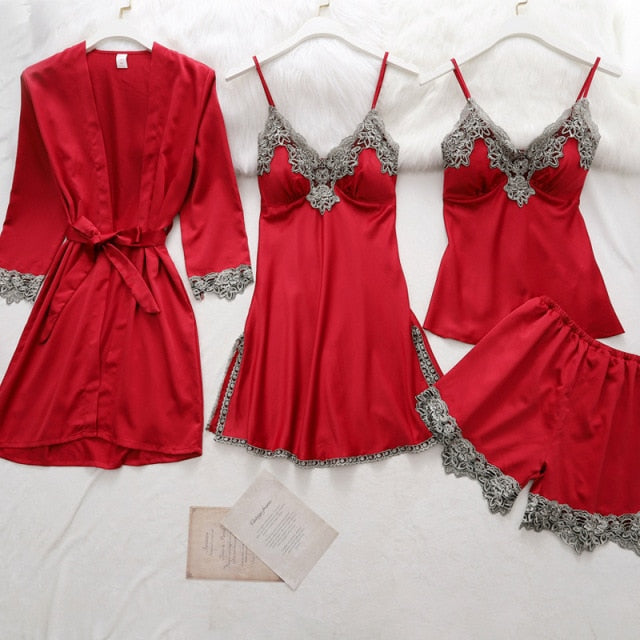 5PC Silk Robe Sleep Suit Lace Satin Pajamas Gown Set