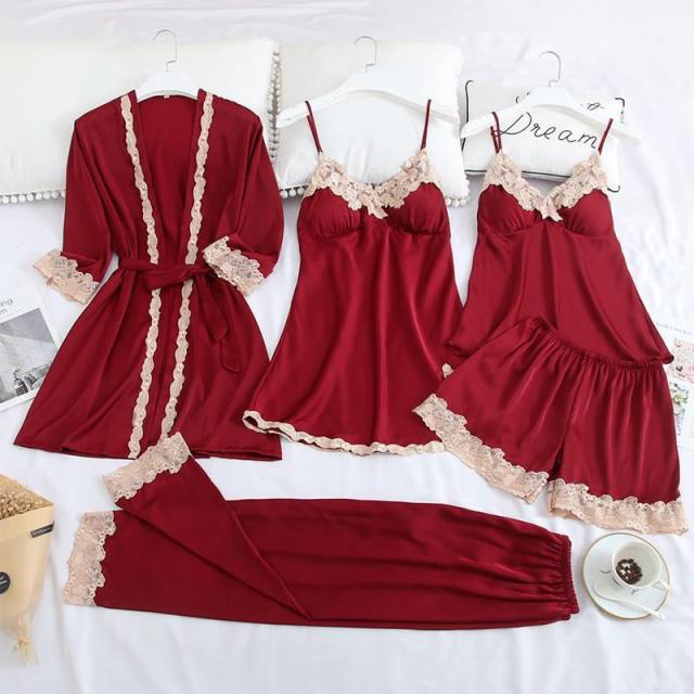 5PC Silk Robe Sleep Suit Lace Satin Pajamas Gown Set