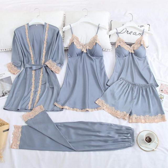 5PC Silk Robe Sleep Suit Lace Satin Pajamas Gown Set