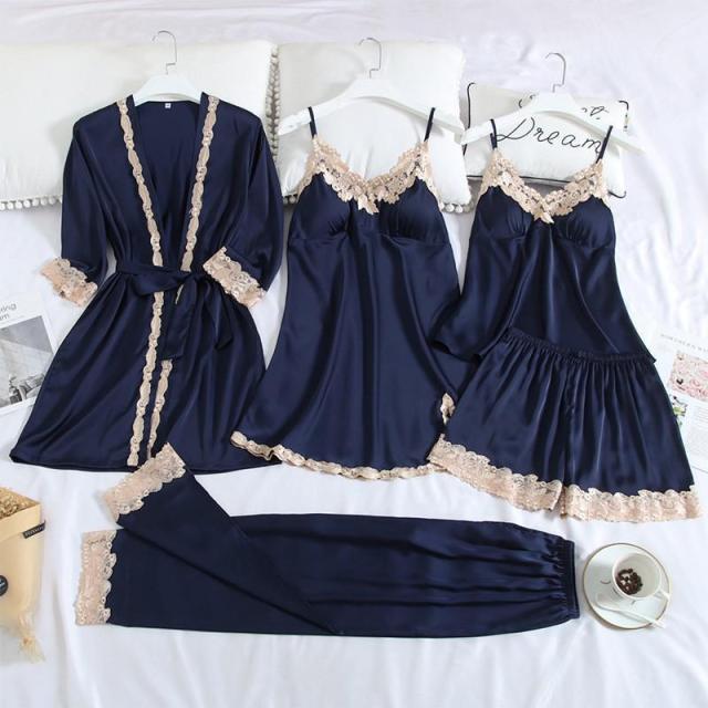 5PC Silk Robe Sleep Suit Lace Satin Pajamas Gown Set