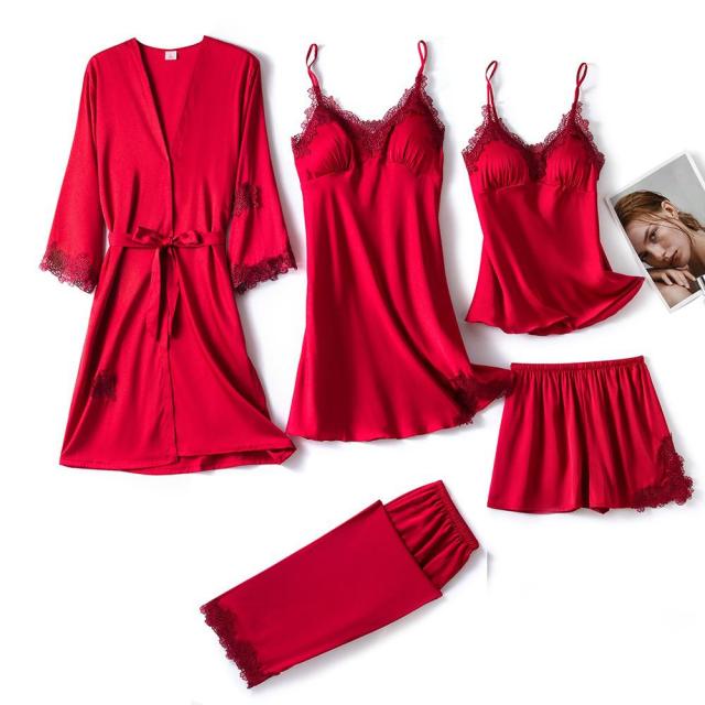 5PC Silk Robe Sleep Suit Lace Satin Pajamas Gown Set