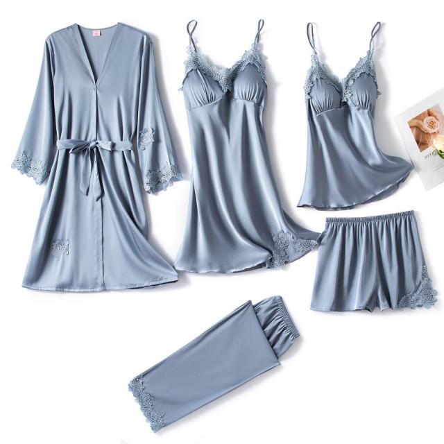 5PC Silk Robe Sleep Suit Lace Satin Pajamas Gown Set