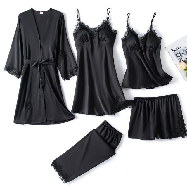 5PC Silk Robe Sleep Suit Lace Satin Pajamas Gown Set