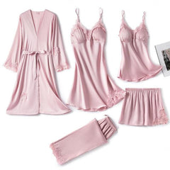 5PC Silk Robe Sleep Suit Lace Satin Pajamas Gown Set