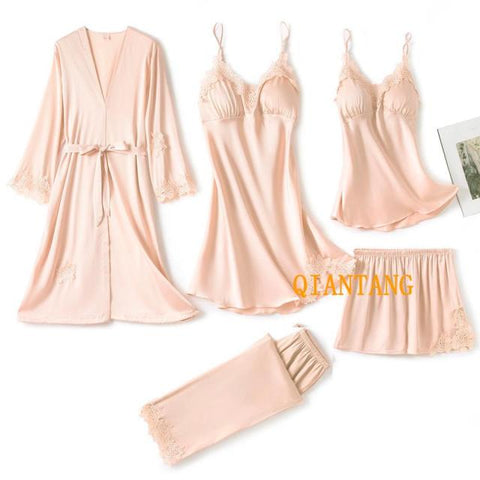 5PC Silk Robe Sleep Suit Lace Satin Pajamas Gown Set