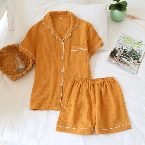 couple pajamas suit cotton crepe ladies solid color simple