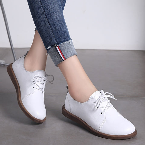 Oxfords  Genuine Leather Casual Flats Ladies Lace Up Solid Chaussure Femme