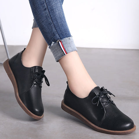 Oxfords  Genuine Leather Casual Flats Ladies Lace Up Solid Chaussure Femme