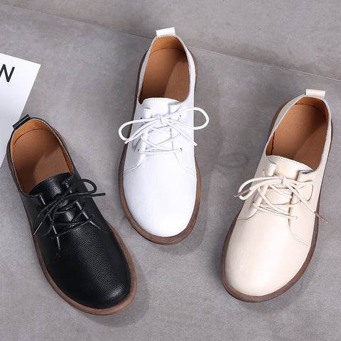 Oxfords  Genuine Leather Casual Flats Ladies Lace Up Solid Chaussure Femme