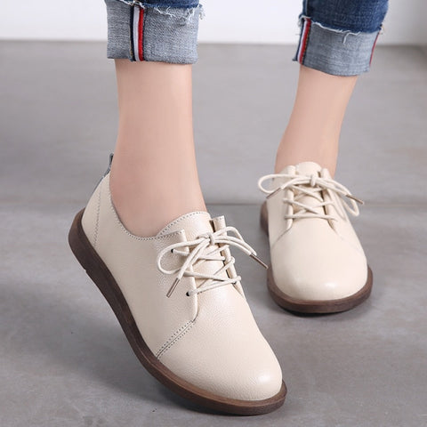 Oxfords  Genuine Leather Casual Flats Ladies Lace Up Solid Chaussure Femme