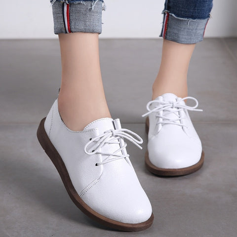 Oxfords  Genuine Leather Casual Flats Ladies Lace Up Solid Chaussure Femme