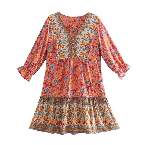 Bohemian Open Buttons Hit color Floral Print Short Dress Hippie