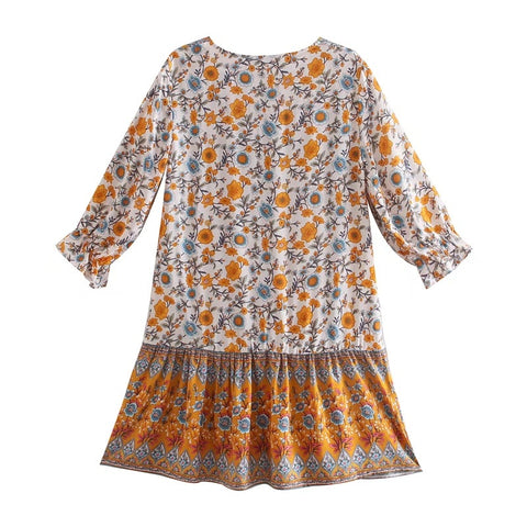 Bohemian Open Buttons Hit color Floral Print Short Dress Hippie