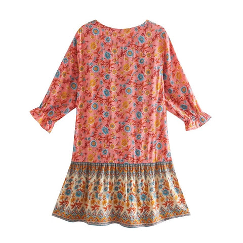 Bohemian Open Buttons Hit color Floral Print Short Dress Hippie