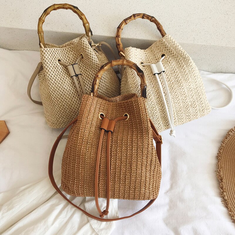 Woven Straw Ladies Bucket Bag Retro Shoulder Bags