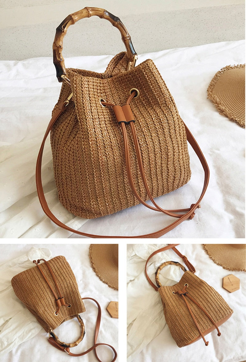 Woven Straw Ladies Bucket Bag Retro Shoulder Bags