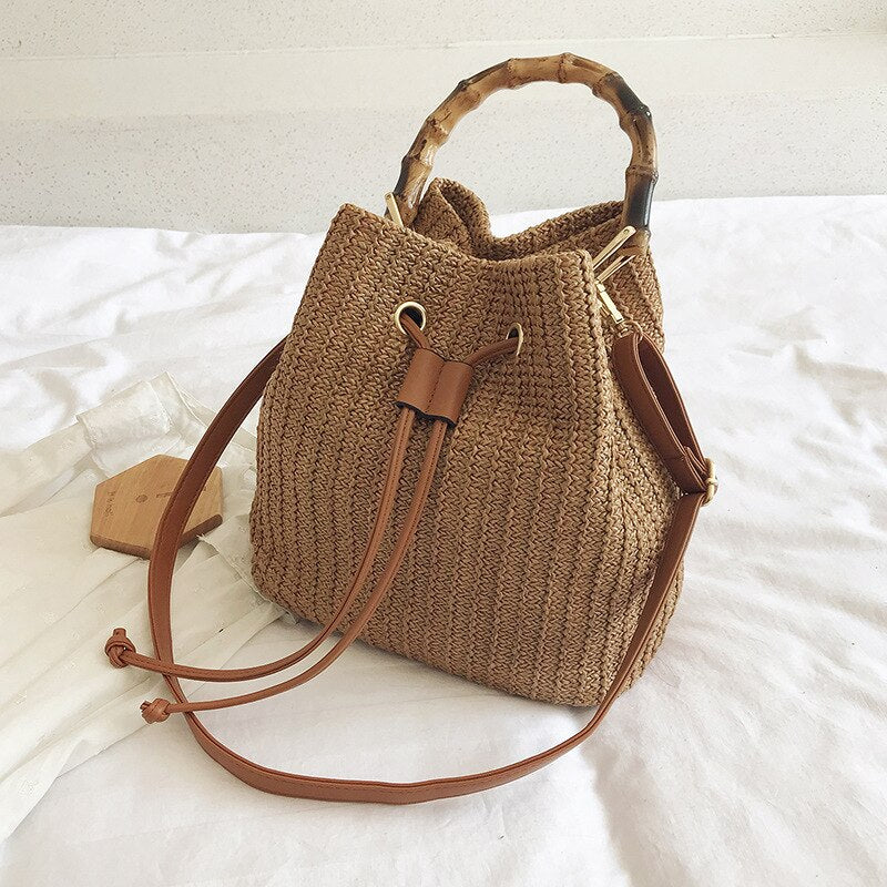 Woven Straw Ladies Bucket Bag Retro Shoulder Bags