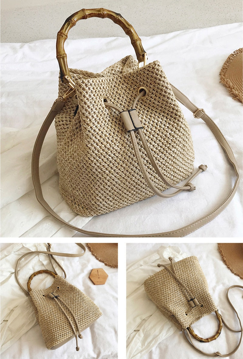 Woven Straw Ladies Bucket Bag Retro Shoulder Bags