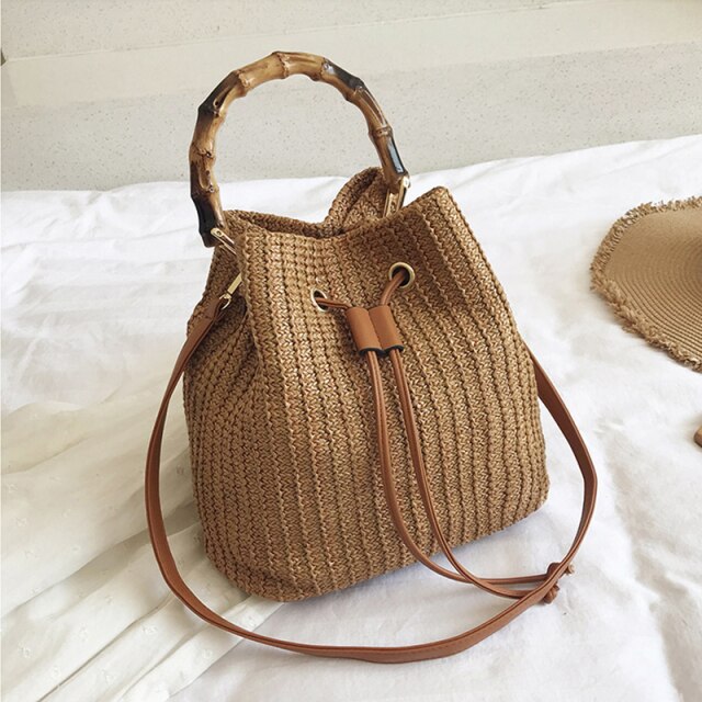 Woven Straw Ladies Bucket Bag Retro Shoulder Bags