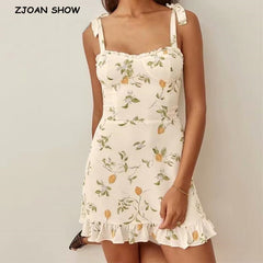 Style Vintage Grass Flower Print Bandage Tie Bow Strap Ruffles Hem Short Dress Retro