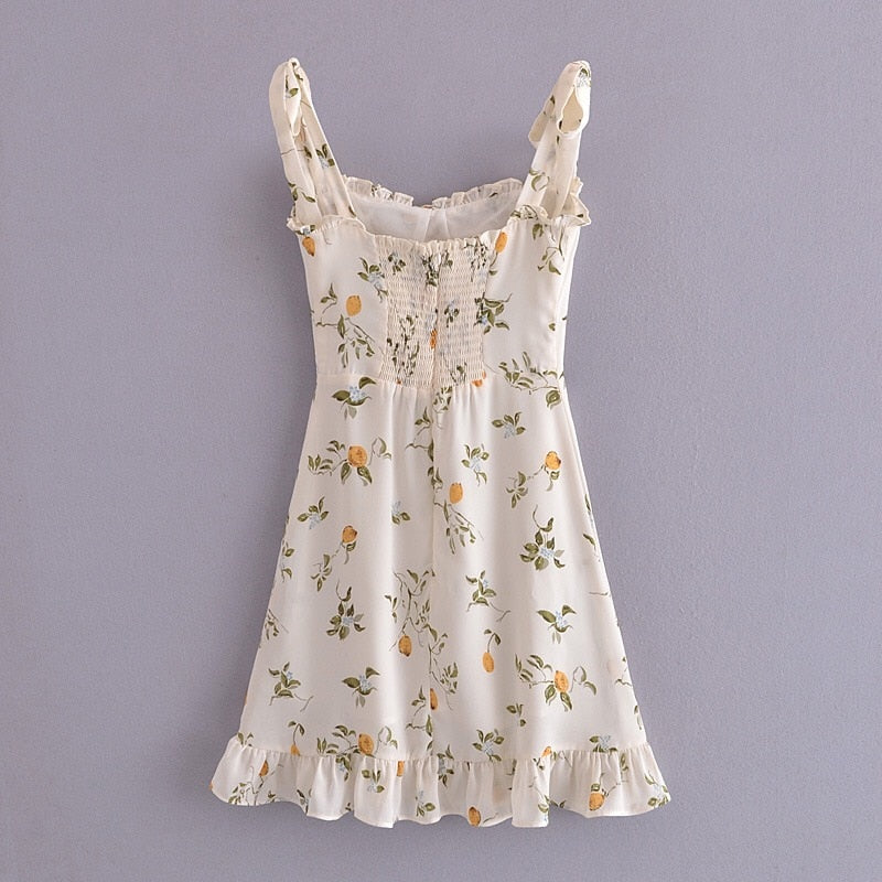 Style Vintage Grass Flower Print Bandage Tie Bow Strap Ruffles Hem Short Dress Retro