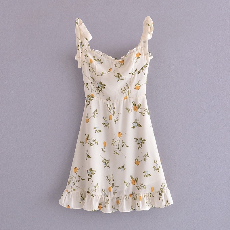 Style Vintage Grass Flower Print Bandage Tie Bow Strap Ruffles Hem Short Dress Retro