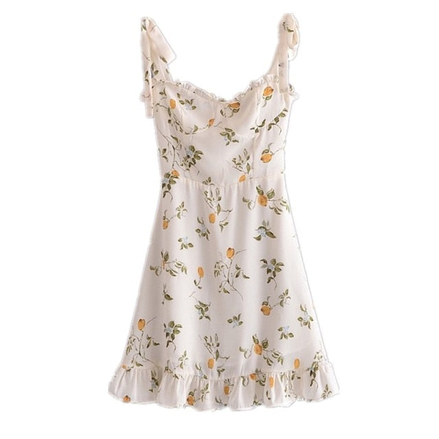 Style Vintage Grass Flower Print Bandage Tie Bow Strap Ruffles Hem Short Dress Retro