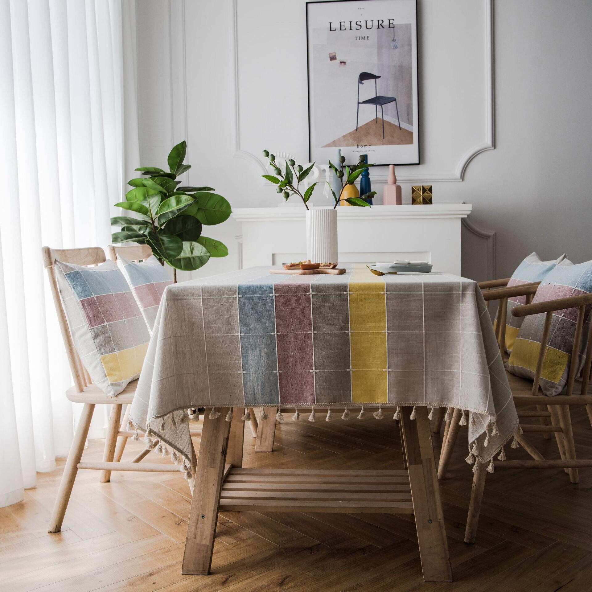 Plaid cotton Linen Tablecloth With Tassel Waterproof