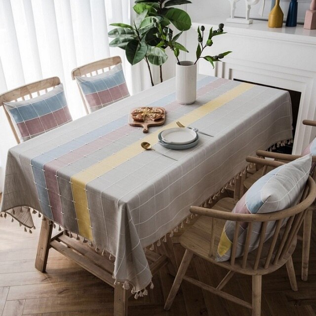 Plaid cotton Linen Tablecloth With Tassel Waterproof