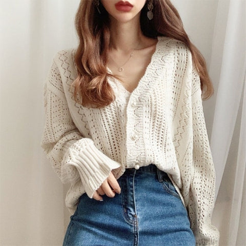 Knit Cardigans V-Neck Knit Tops Long Sleeve Flare Hollow Out Cardigan