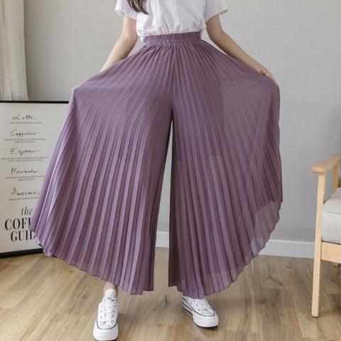 Fashion Streetwear Pleated Culotte Pants Blue Black Purple Chiffon Trousers