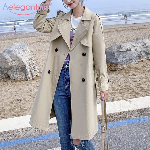 Casual Long Trench Coat With Sashes Double Breasted Windbreaker Chic Office Coat