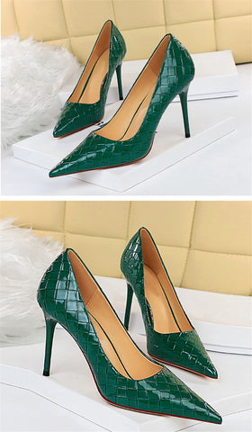 Women High Heels Green Pumps Sexy Pointed Toe Slip-On Female