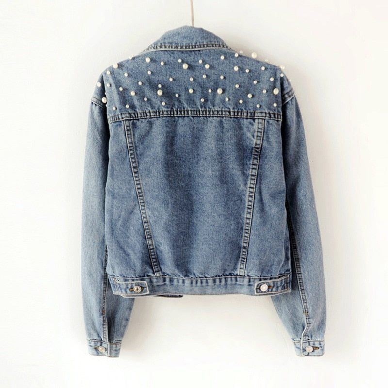 Fashion Women’s Denim Jacket Full Sleeve Loose Button Pearls Short