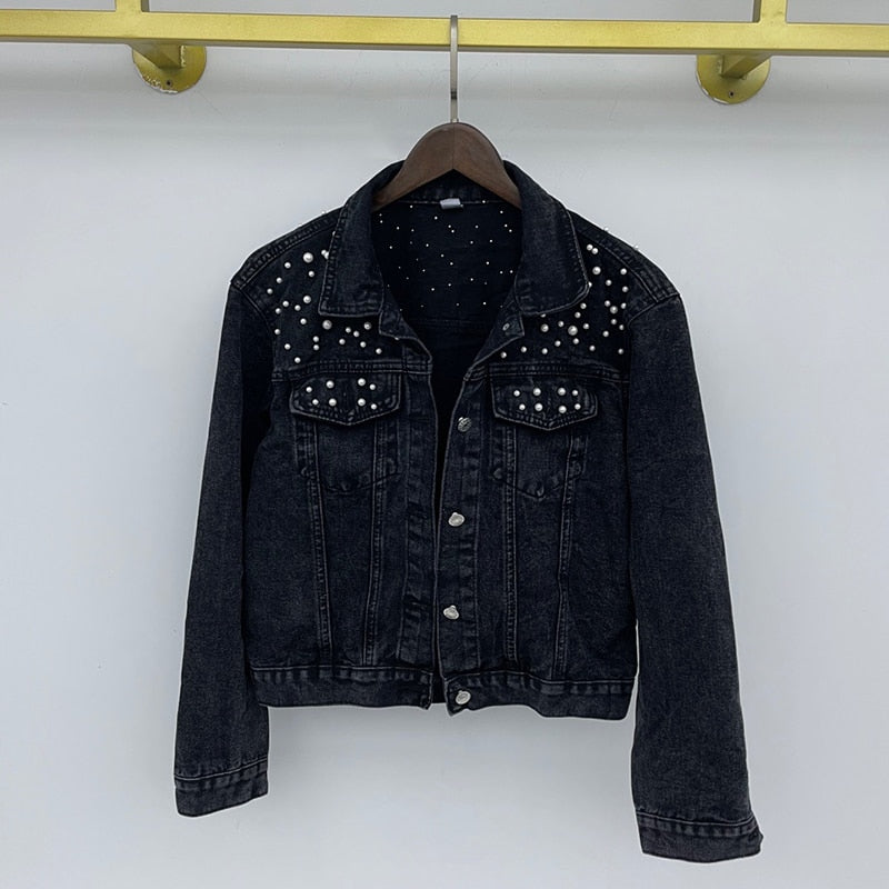 Fashion Women’s Denim Jacket Full Sleeve Loose Button Pearls Short