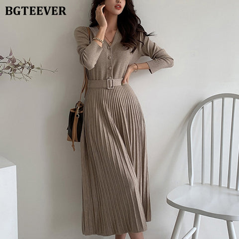 Thicken Sweater Dress Autumn Winter Knitted Belted Female