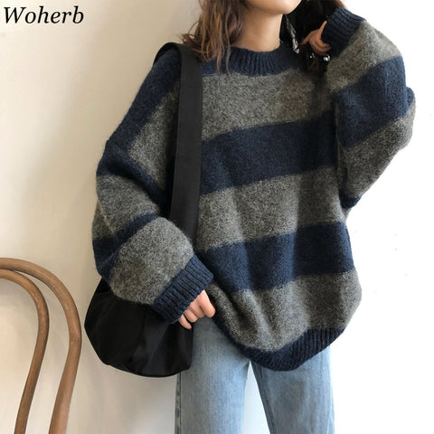 Oversized Thin Sweater Vintage Striped Loose Pullover Streetwear Autumn Knitted