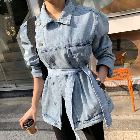 Denim Jeans Jackets Casual Turn-down Collar Sashes Streetwear