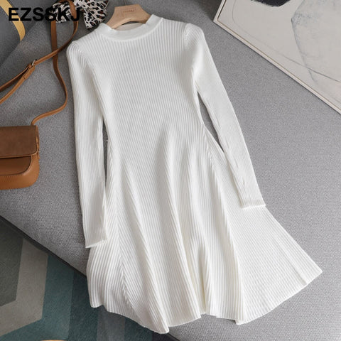 basic short A line thick sweater dress elegant knit