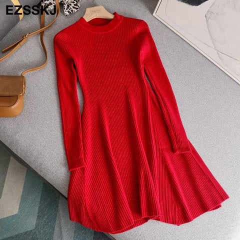 basic short A line thick sweater dress elegant knit