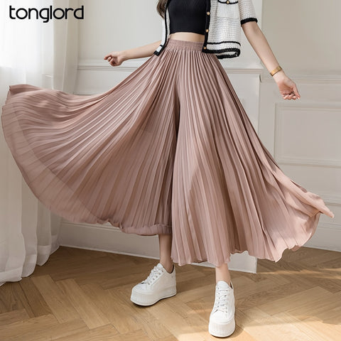 Loose Pleated Chiffon Pants Elastic High Waist Thin Wide Leg Pants