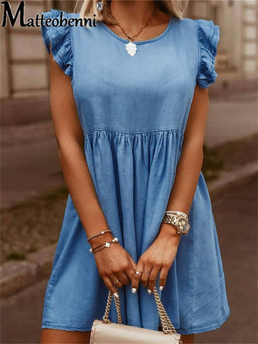 Casual O-Neck  Lotus Leaf Short Sleeve  Denim A Line Dress