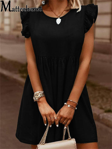 Casual O-Neck  Lotus Leaf Short Sleeve  Denim A Line Dress
