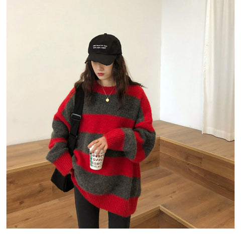 Oversized Thin Sweater Vintage Striped Loose Pullover Streetwear Autumn Knitted