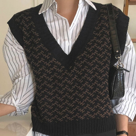 Sweaters Pullover Sleeveless Vest Waistcoat Oversized Checkered Knitwear