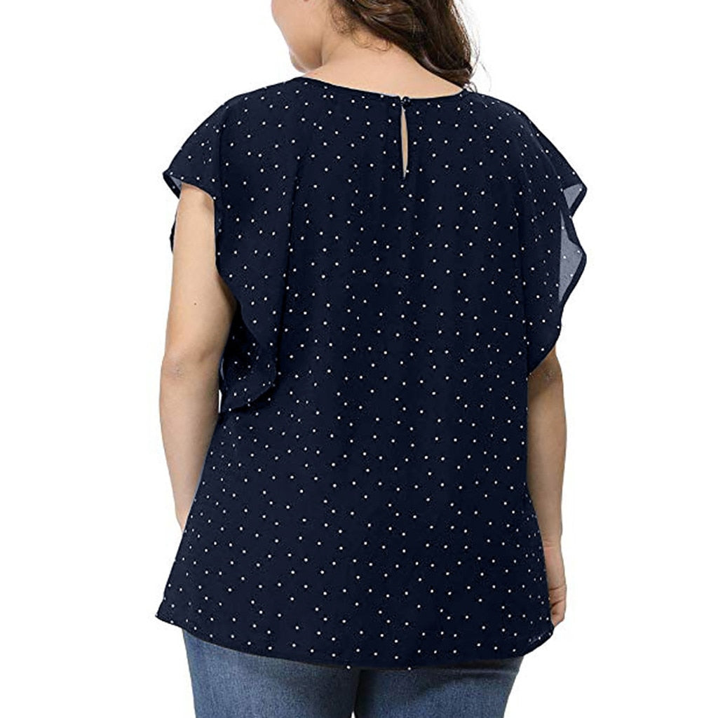 Plus Size Blouse Women O Neck Short Sleeve Polka Dot