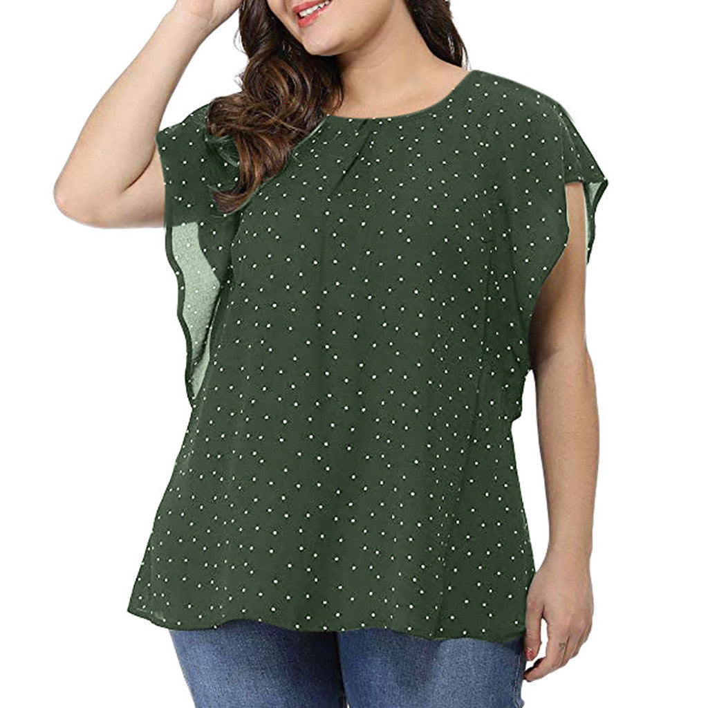 Plus Size Blouse Women O Neck Short Sleeve Polka Dot